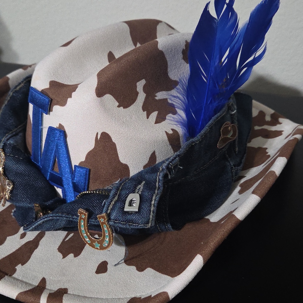 Cow Print Cowboy Hat with Blue LA Patch - Picture 2 of 4